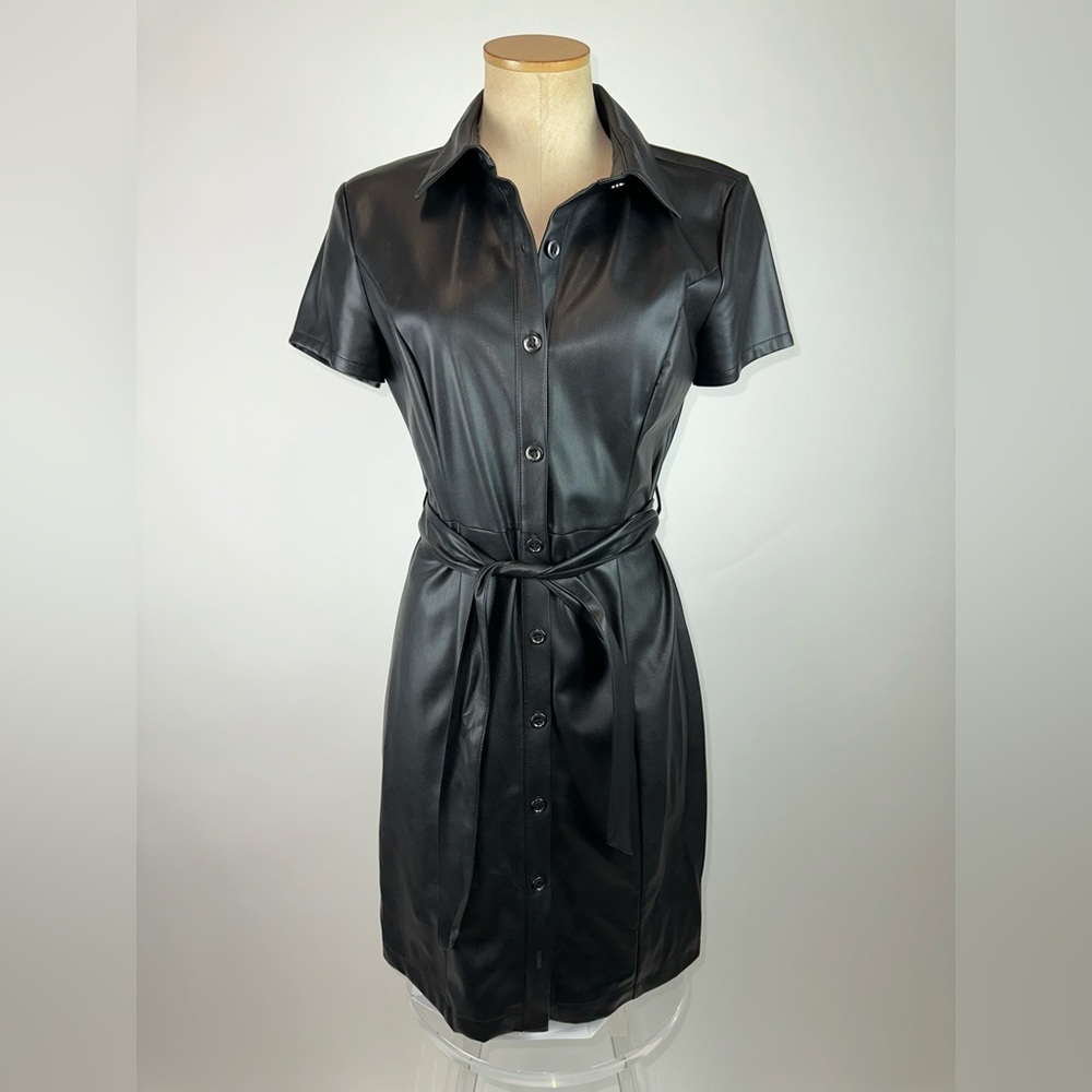 BAR lll S/S  FAUX LEATHER SNAP BUTTON FRONT BELTED DRESS